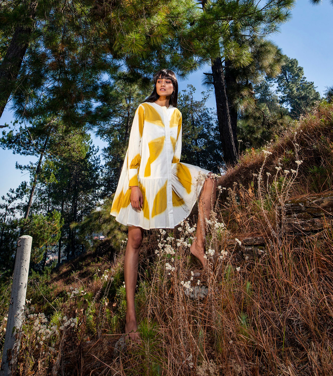 White Yellow Shibori Dyed Mini Dress