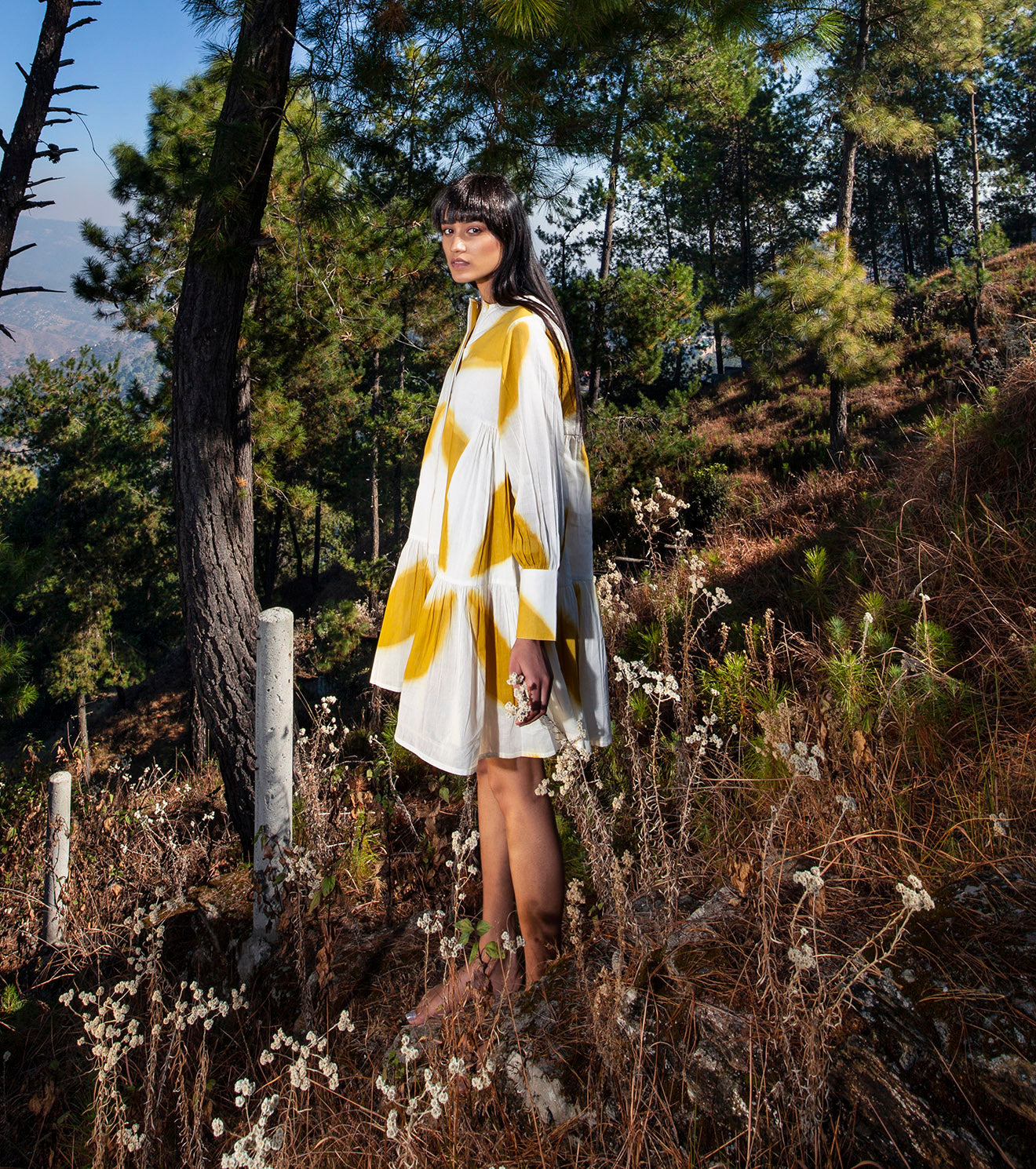 White Yellow Shibori Dyed Mini Dress