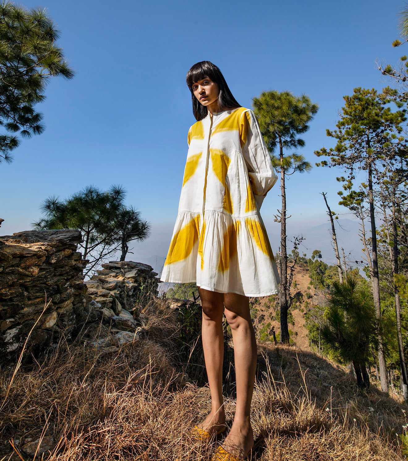 White Yellow Shibori Dyed Mini Dress