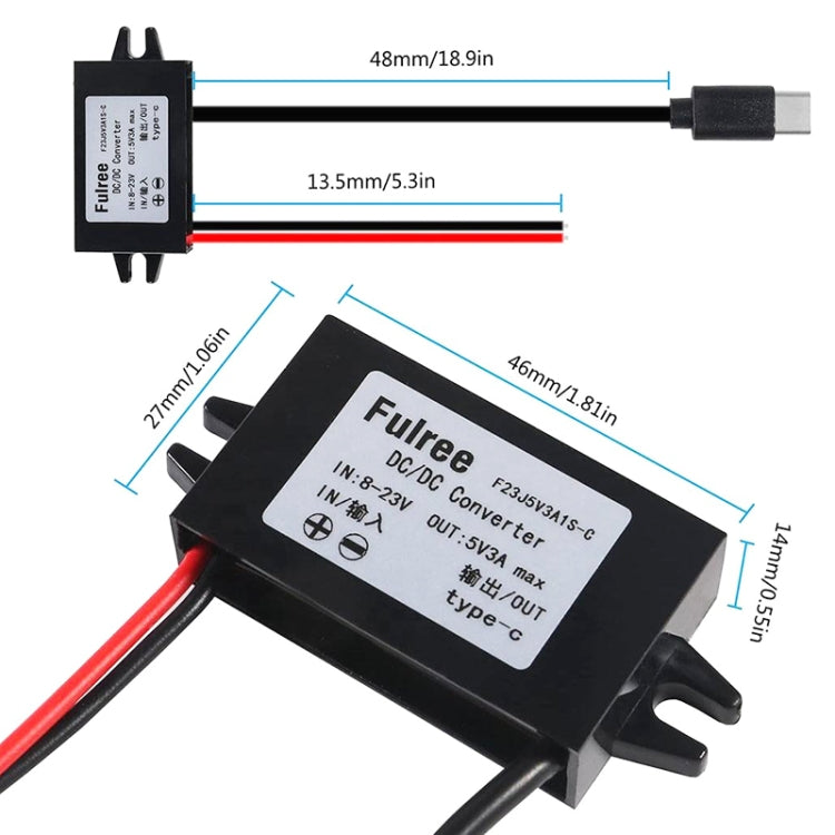 12V to 5V 3A Car Power Converter DC Module Voltage Regulator, Style:Type-C Straight