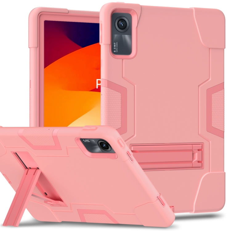 For Xiaomi Redmi Pad SE 11 2023 Contrast Color Silicone Hybrid PC Tablet Case with Holder(Rose Gold)