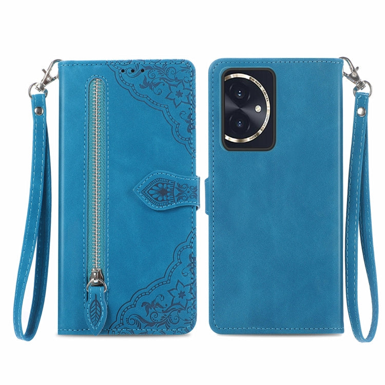 For Honor 100 Embossed Flower Zipper Leather Phone Case(Blue)