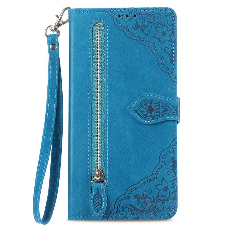 For Honor 100 Embossed Flower Zipper Leather Phone Case(Blue)