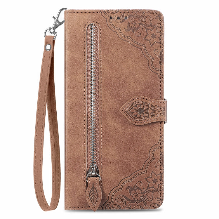 For Honor  X5 Plus Embossed Flower Zipper Leather Phone Case(Brown)