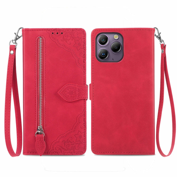 For Blackview A96 Embossed Flower Zipper Leather Phone Case(Red)