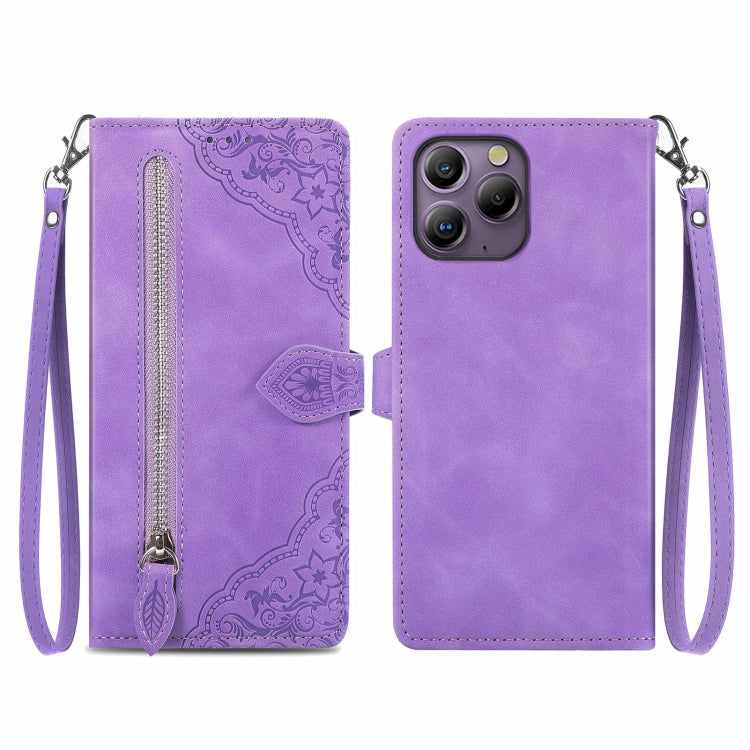 For Blackview A96 Embossed Flower Zipper Leather Phone Case(Purple)