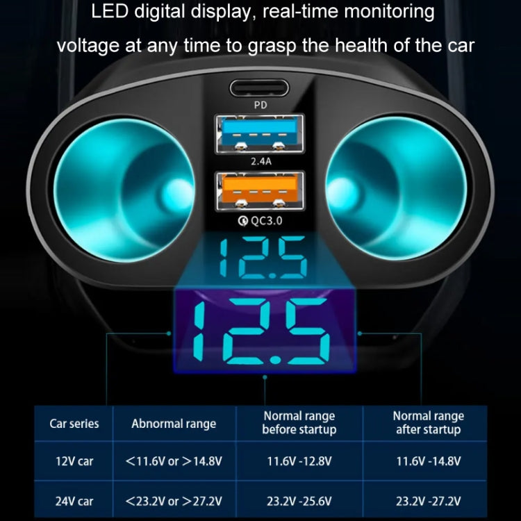 Dual USB Type-C Real-time Digital Display Cigarette Lighter Expansion Car Charger, Model: QC3.0+2.4A Dual A+C