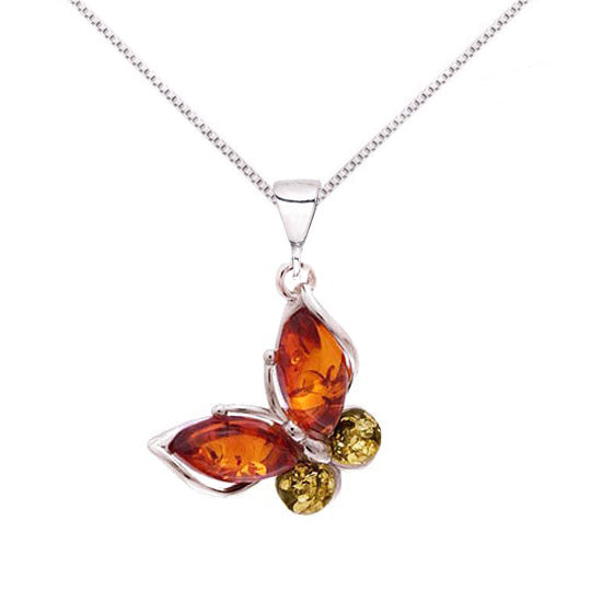  Green & Honey Amber Butterfly Pendant Necklace 