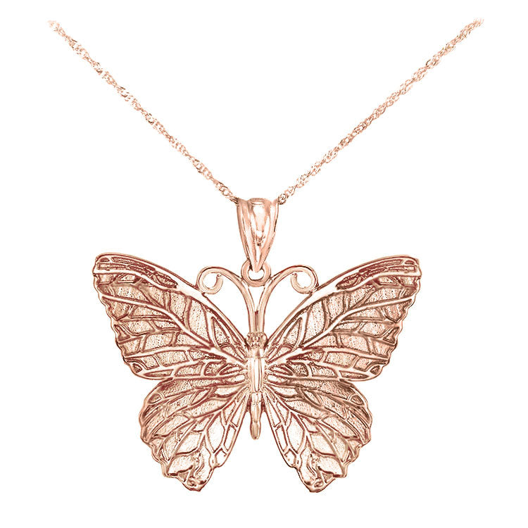  Solid 14k Rose Gold Butterfly Pendant Necklace 