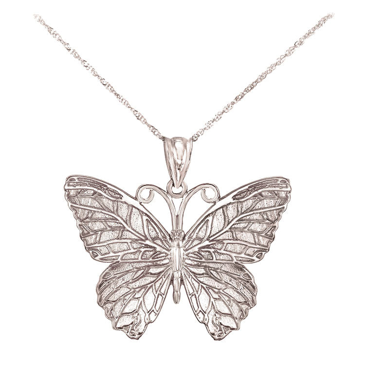  Solid 14k White Gold Butterfly Pendant Necklace 