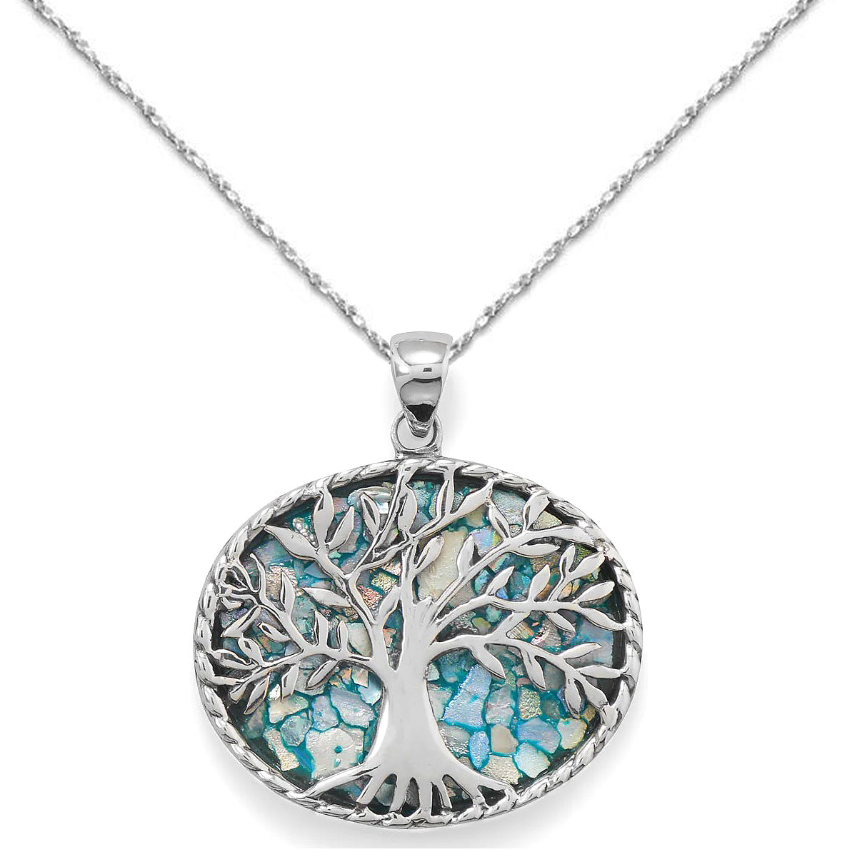  Sterling Silver Tree of Life Roman Glass Necklace 