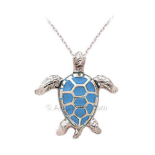  Silver Blue Enamel Sea Turtle Necklace 