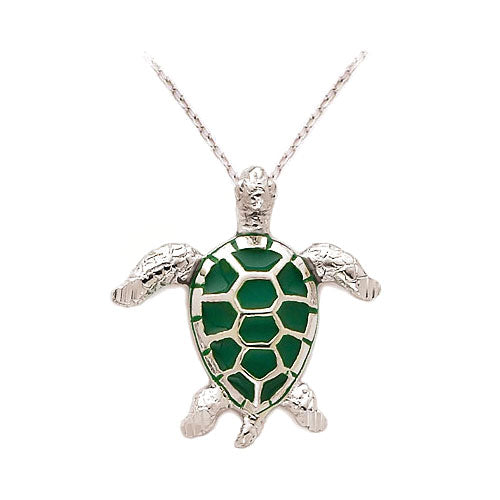  Green Enamel Silver Sea Turtle Necklace 