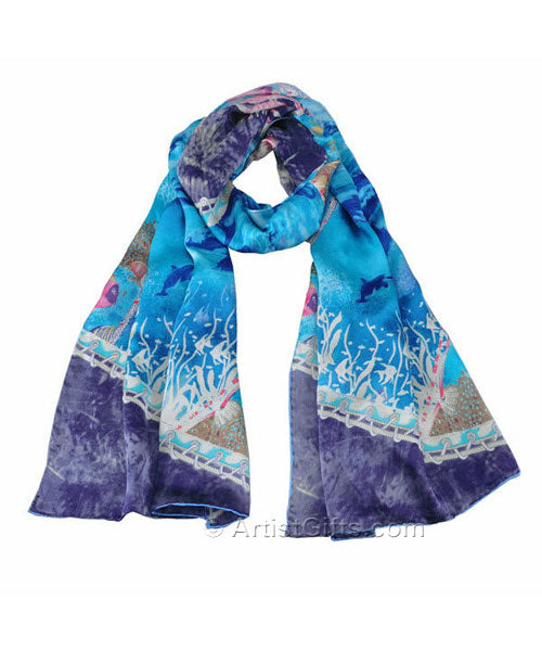  Watercolor Sealife and Dolphin Silk Scarf 