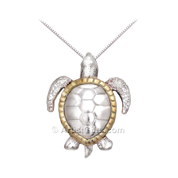  14k Gold and Sterling Silver Sea Turtle Necklace 