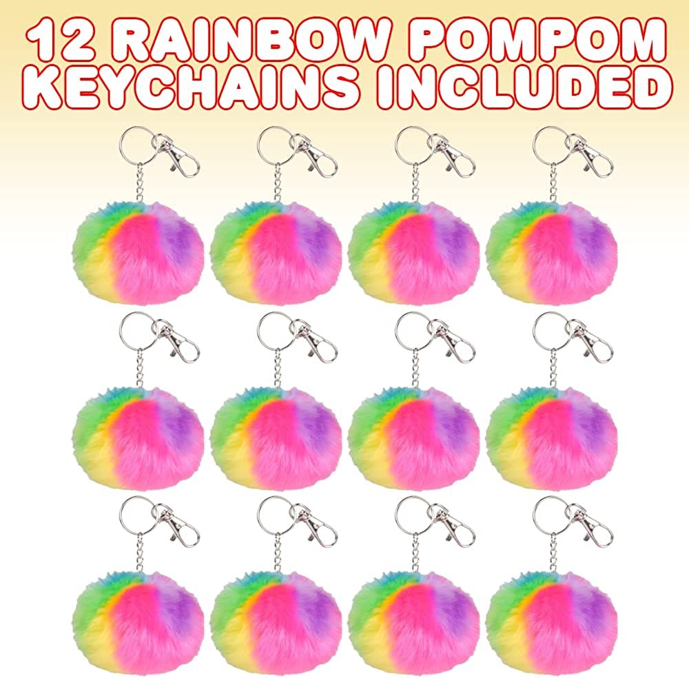 Rainbow Pom Pom Keychains, Set of 12, Keychains for Girls and Boys with Secure Lobster Clasps, Holiday Stocking Stuffers, Backpack Charms, and Princess Party Favors, Multi-Colored