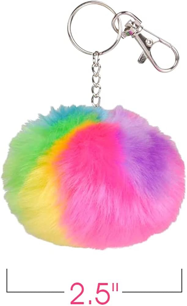 Rainbow Pom Pom Keychains, Set of 12, Keychains for Girls and Boys with Secure Lobster Clasps, Holiday Stocking Stuffers, Backpack Charms, and Princess Party Favors, Multi-Colored