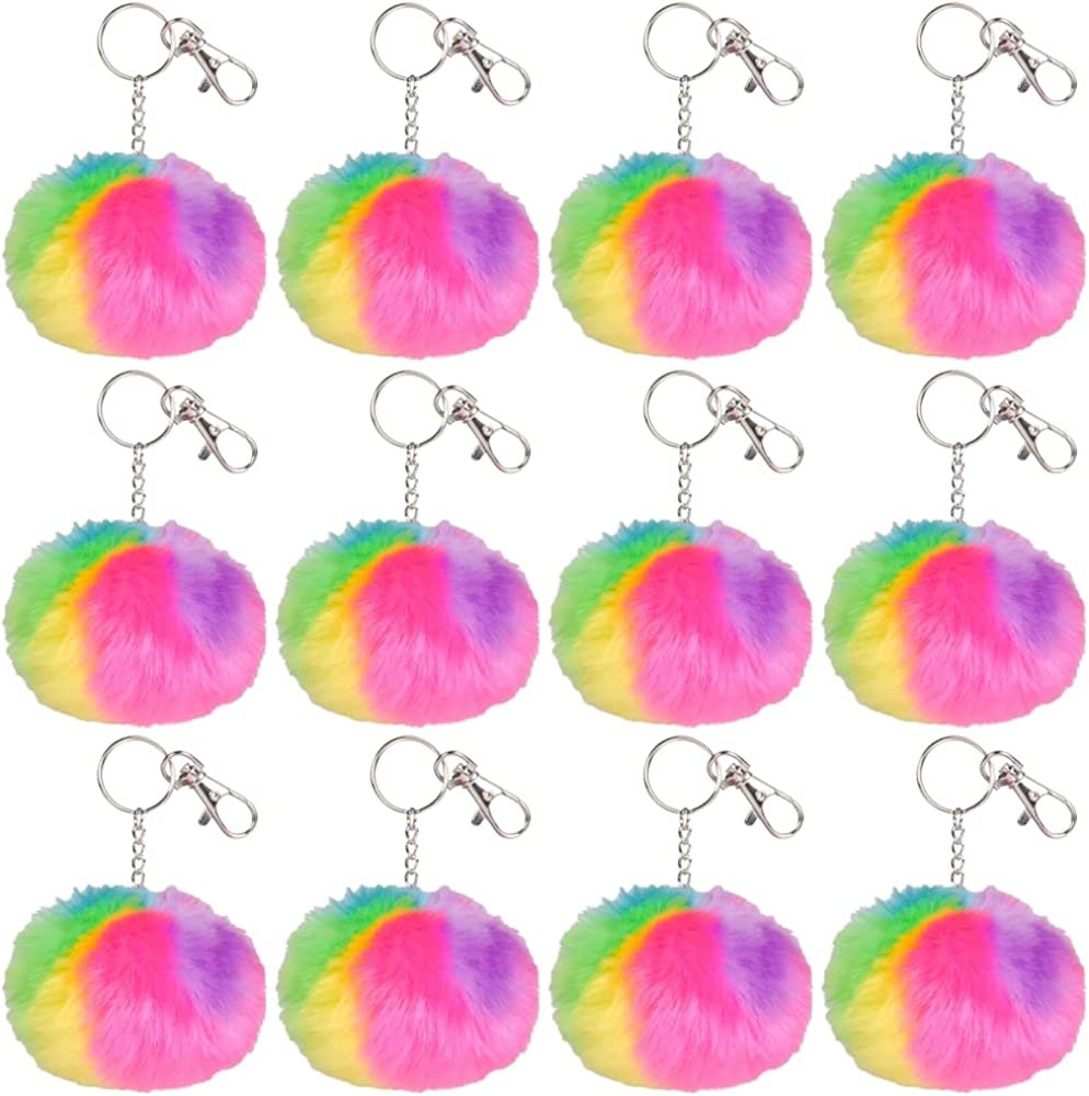 Rainbow Pom Pom Keychains, Set of 12, Keychains for Girls and Boys with Secure Lobster Clasps, Holiday Stocking Stuffers, Backpack Charms, and Princess Party Favors, Multi-Colored