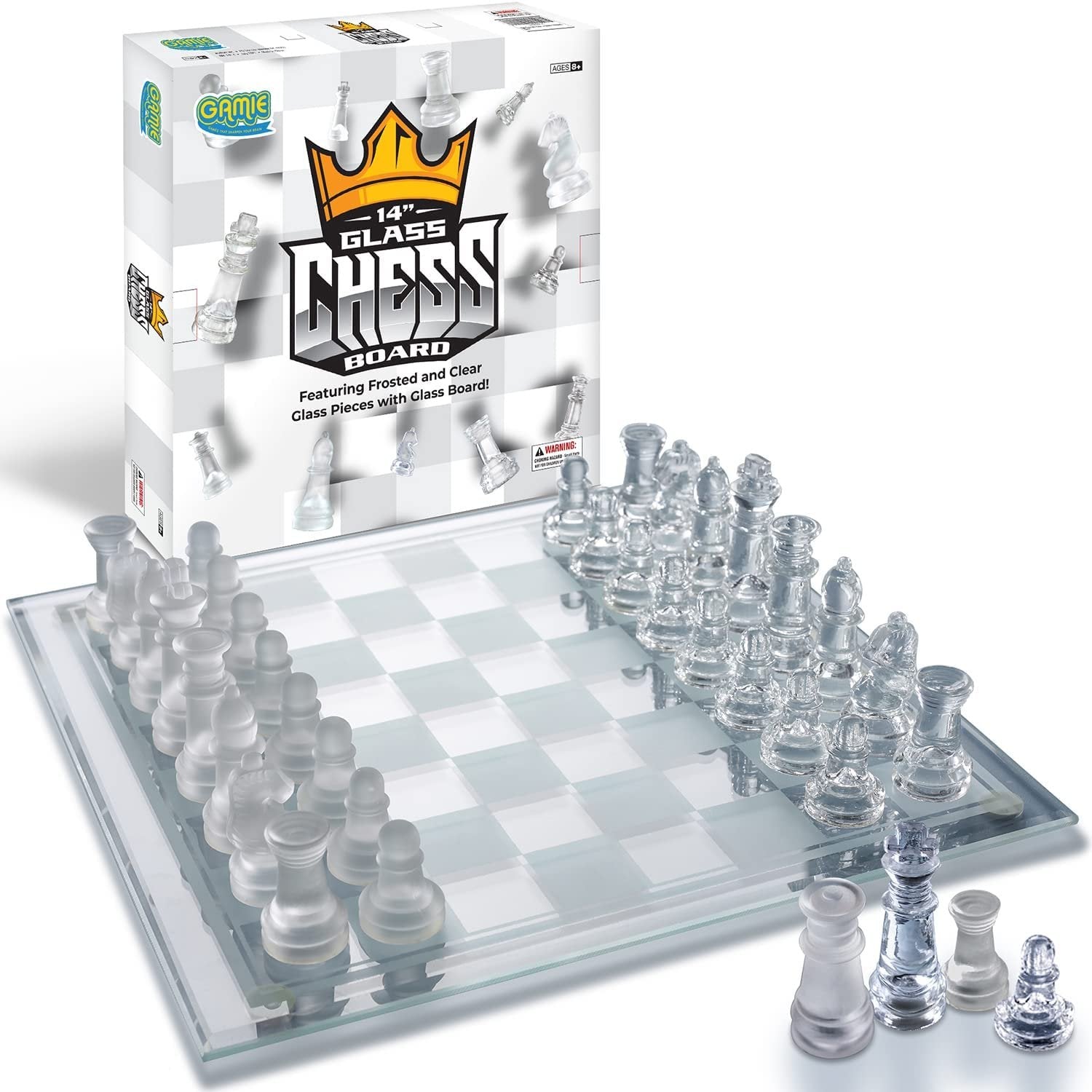 Gamie Glass Chess Set, Elegant Design - Durable Build - Fully Functional - 32 Frosted and Clear Pieces - Felted Bottoms - Easy to Carry - Reassuringly Stable (14