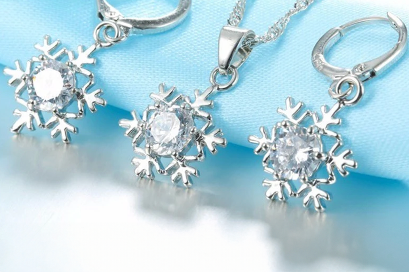 Snowflake Jewelry Set for Women - 925 Sterling Silver with Zircon CZ Crystals | Pendant Necklace & Earrings