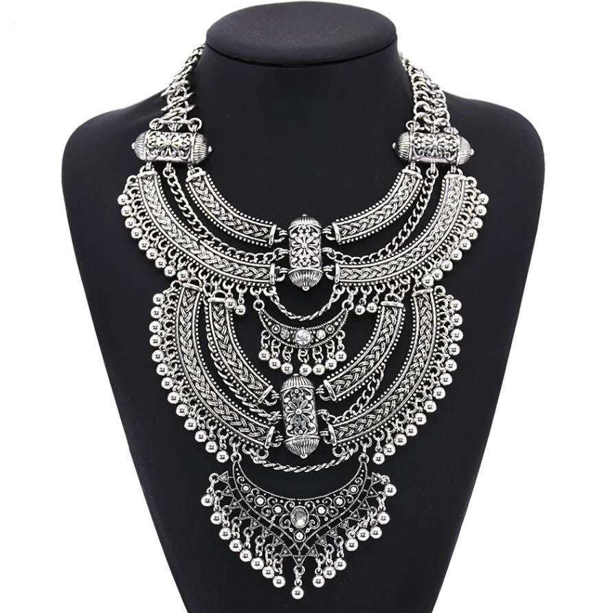 Silver Tone Vintage Statement Necklace for Women - Boho Chic Ethnic Chunky Design