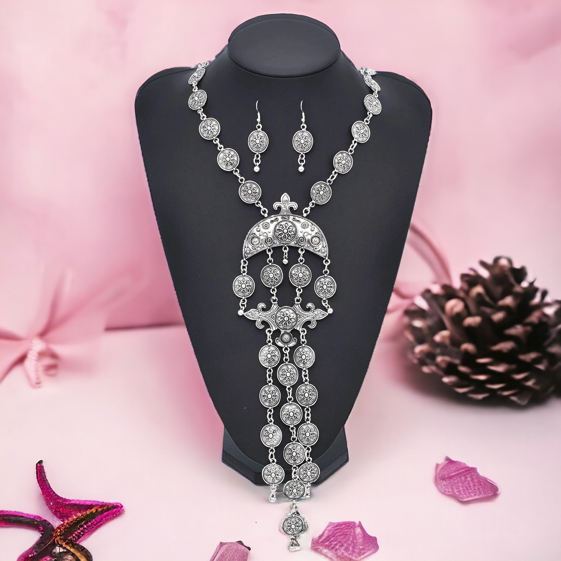 Imperial Medallion: Majestic Silver & Gold-Toned Filigree Necklace Sets