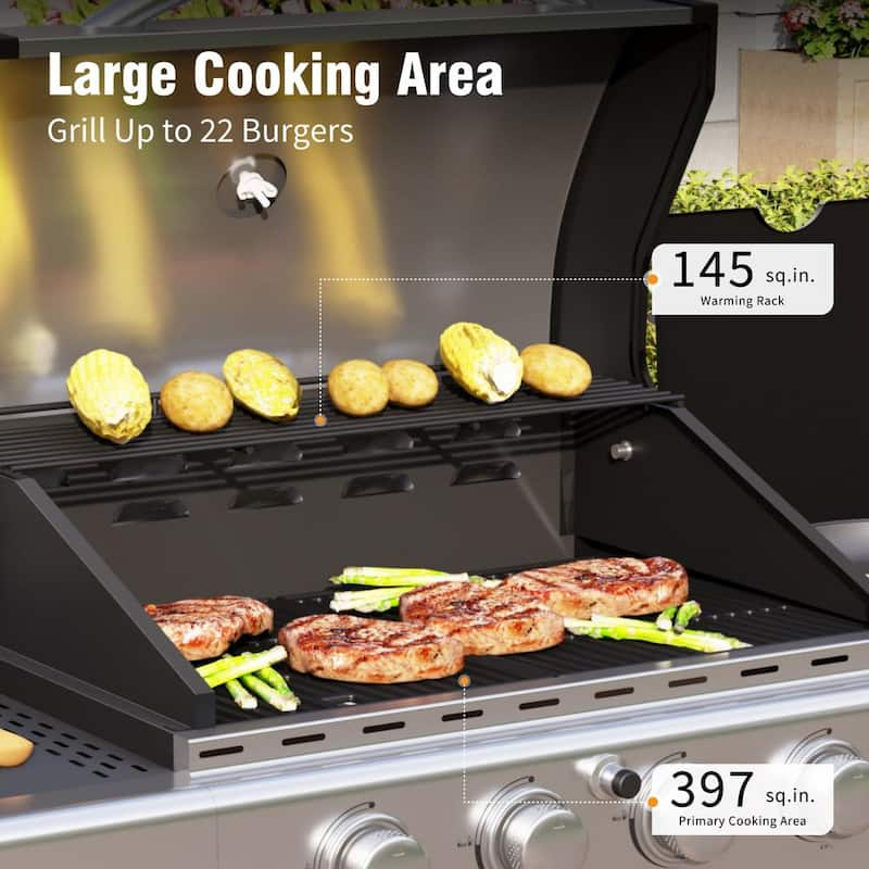 4-Burner Propane Gas Grill in Stainless Steel with Side Burner Regulator and Hose