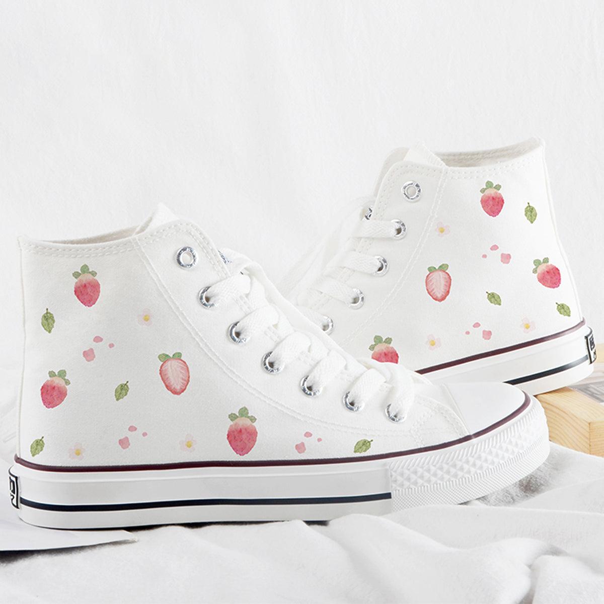 Japanese Custom Strawberry White Canvas Shoes