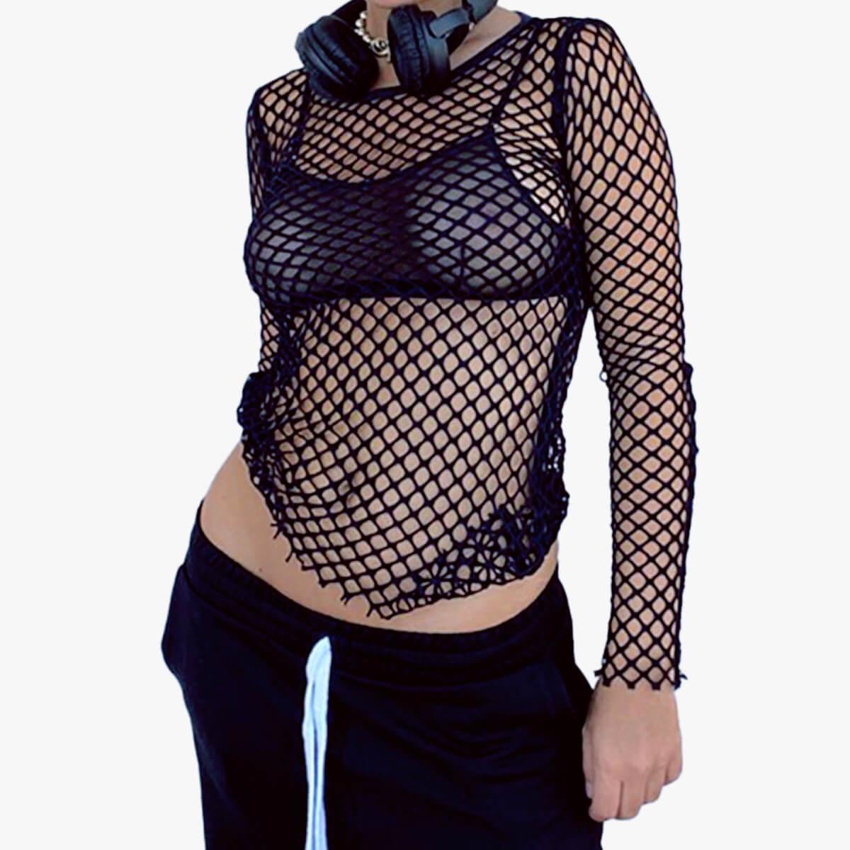 Black Grunge Aesthetic Fishnet Long Sleeve Top