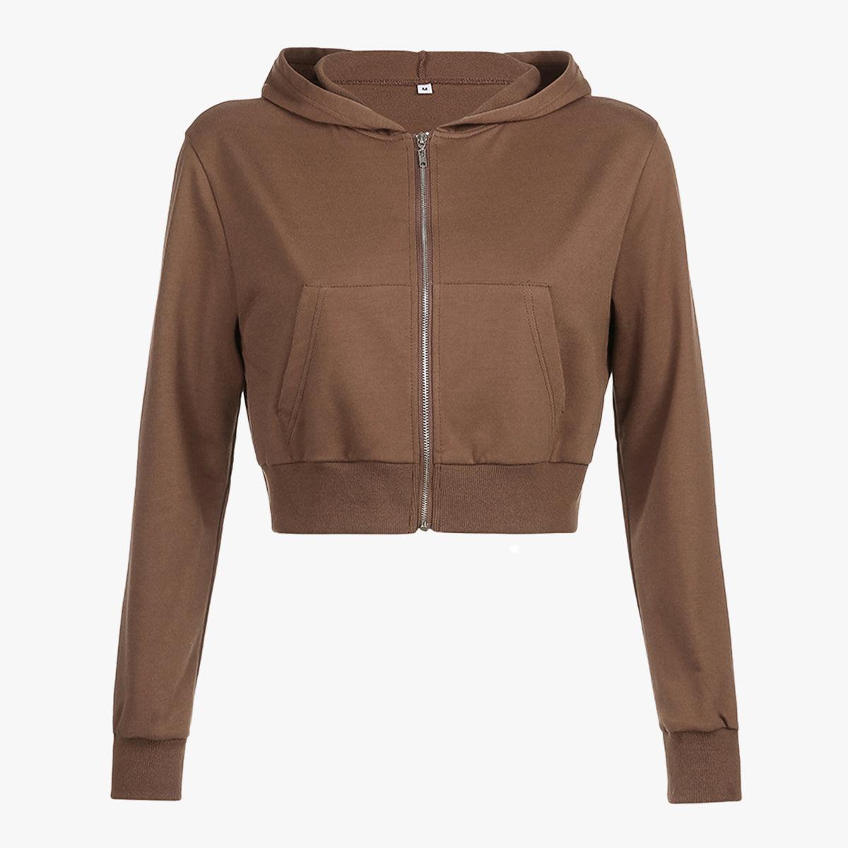 Blank Brown Zipper Crop Hoodie