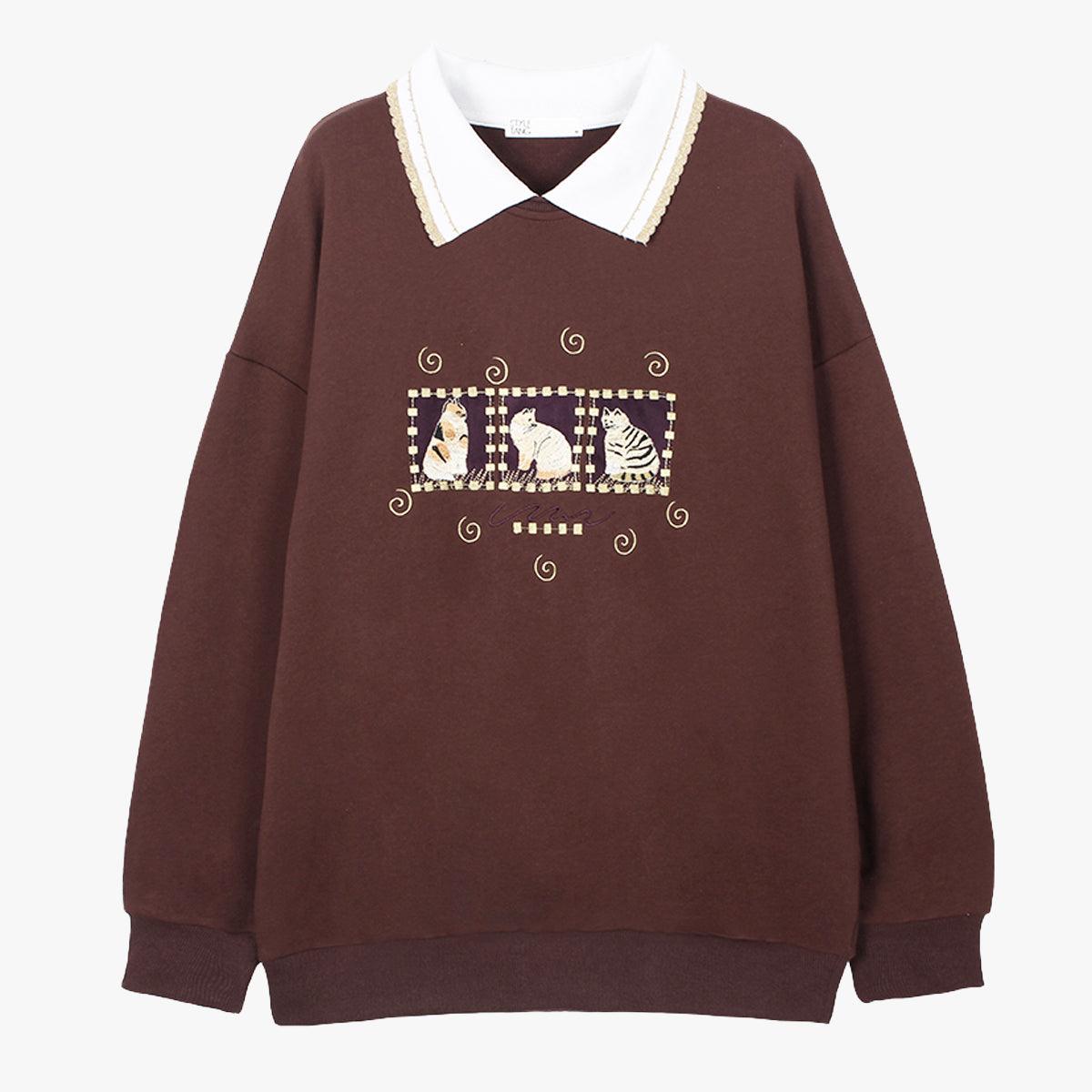 Cats Aesthetic Brown Sweatshirt With Collar