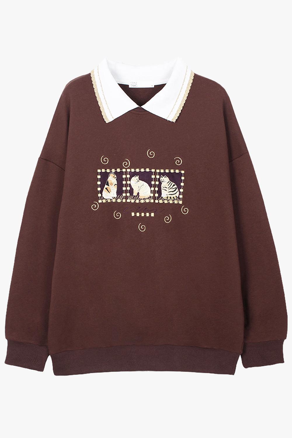 Cats Aesthetic Brown Sweatshirt With Collar