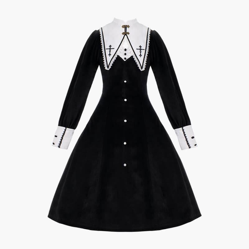 Dark Academia Goth Nun Dress Detachable Collar