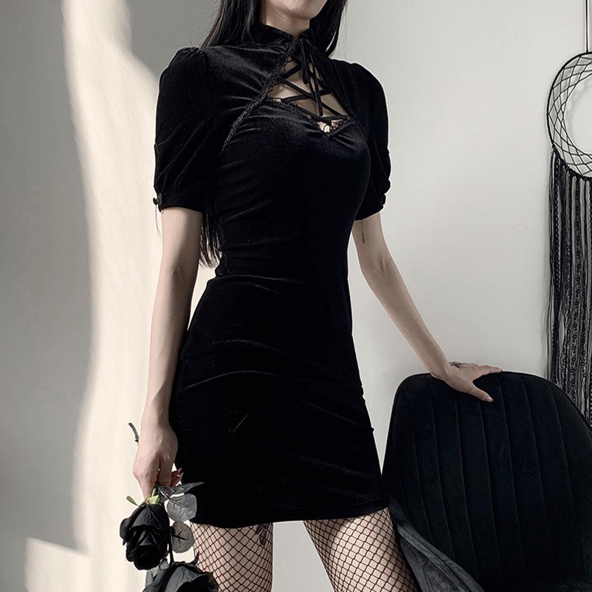 Darkcore Velvet Black Goth Dress