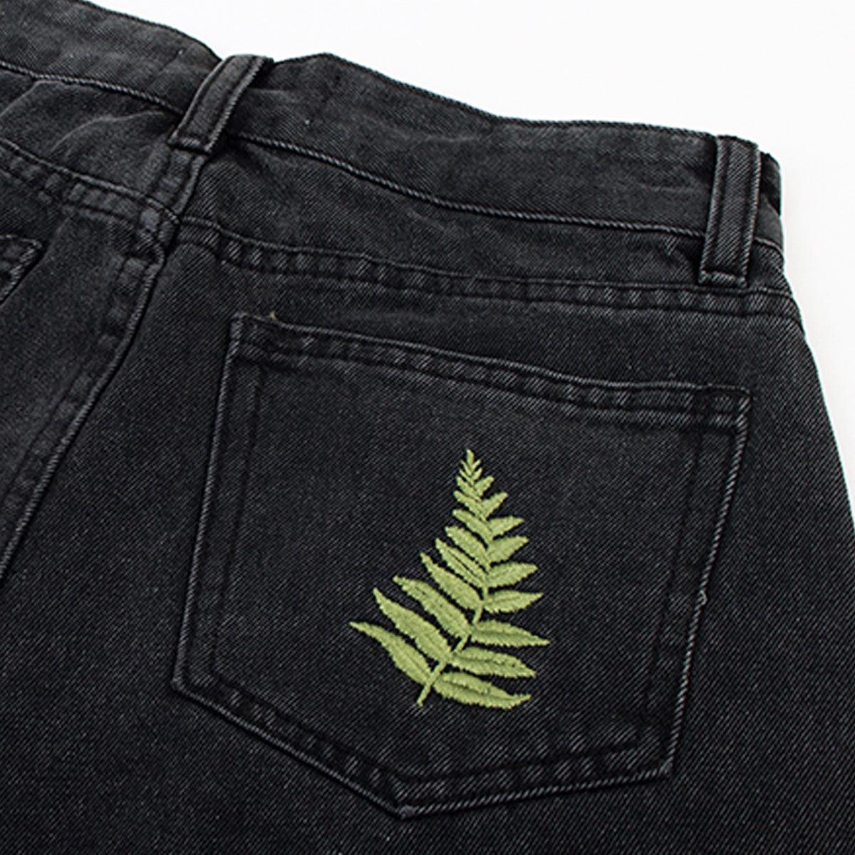 Fern Leaf Embroidery Black Shorts