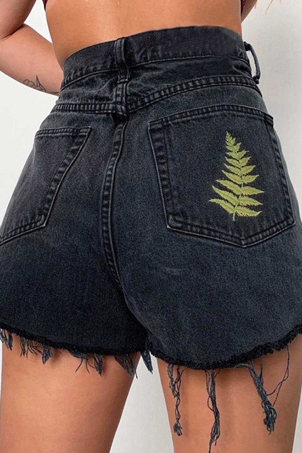 Fern Leaf Embroidery Black Shorts