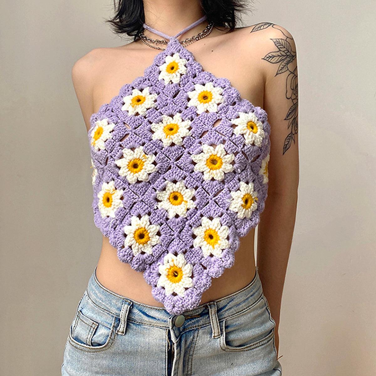 Indie Daisy Knit Halter Neck Crop Top