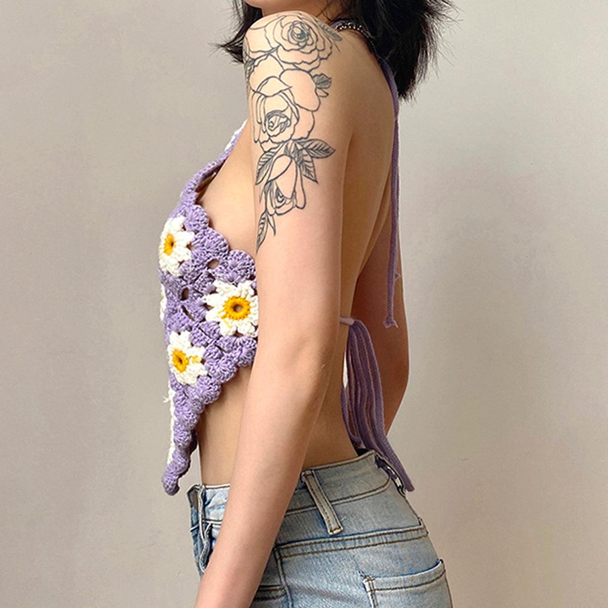 Indie Daisy Knit Halter Neck Crop Top