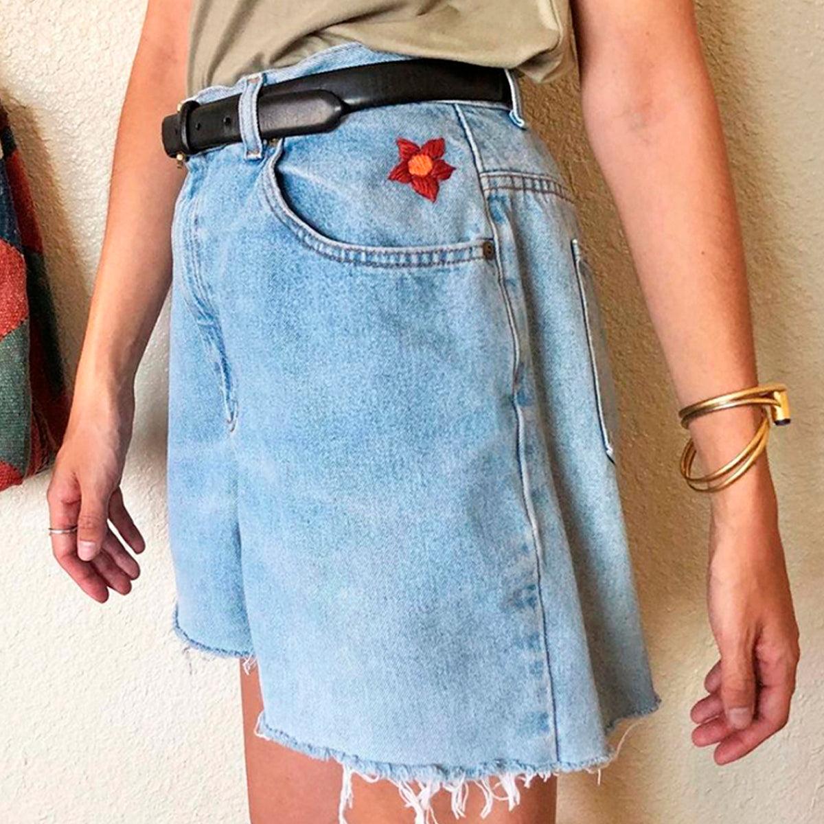 Sunflower Embroidery Light Blue Shorts