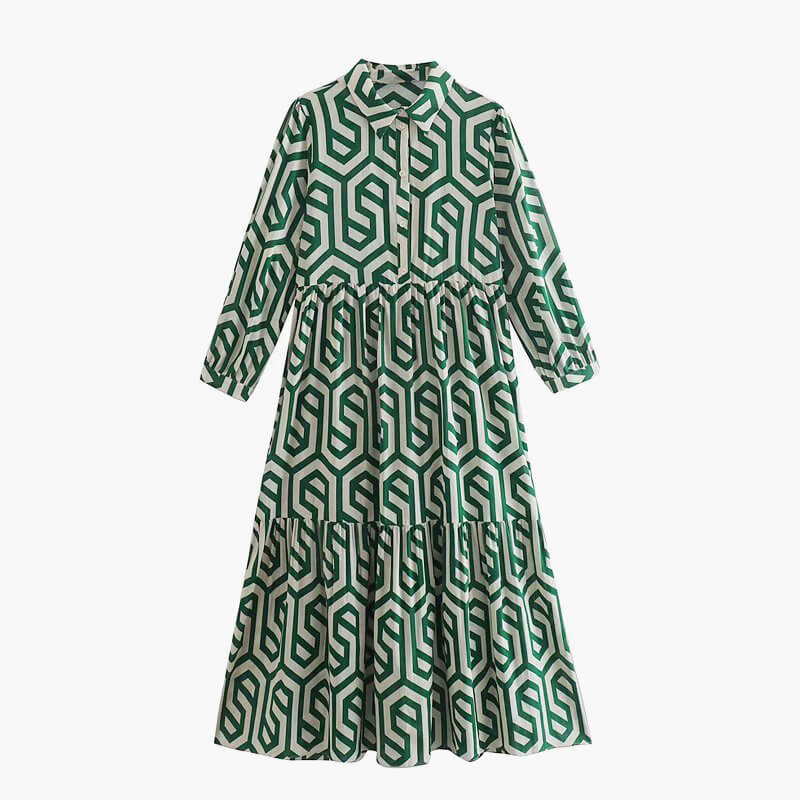 Weirdcore Retro Green Dress Geometric Pattern