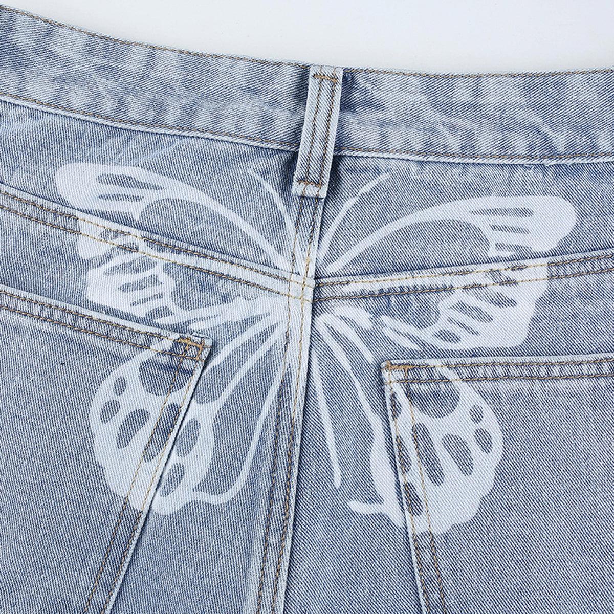 White Butterfly Straight Light Blue Jeans