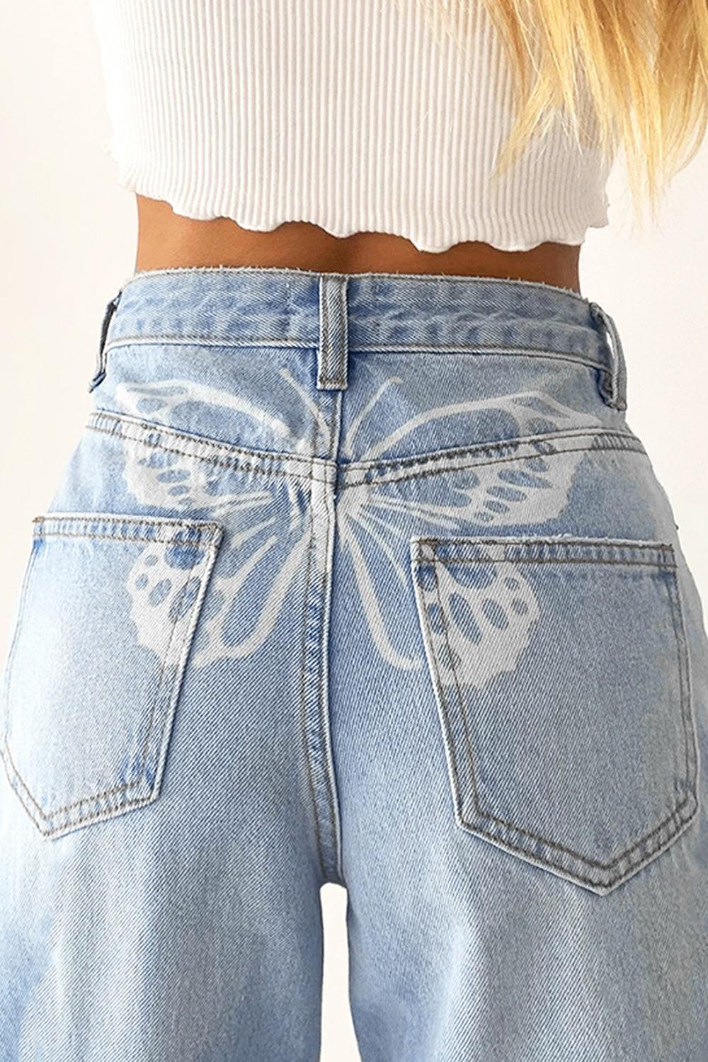 White Butterfly Straight Light Blue Jeans