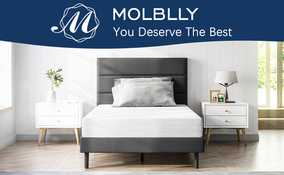 Vue de face du cadre de lit Molblly Moose, plateforme uphototrée avec tête de lit dans la chambre