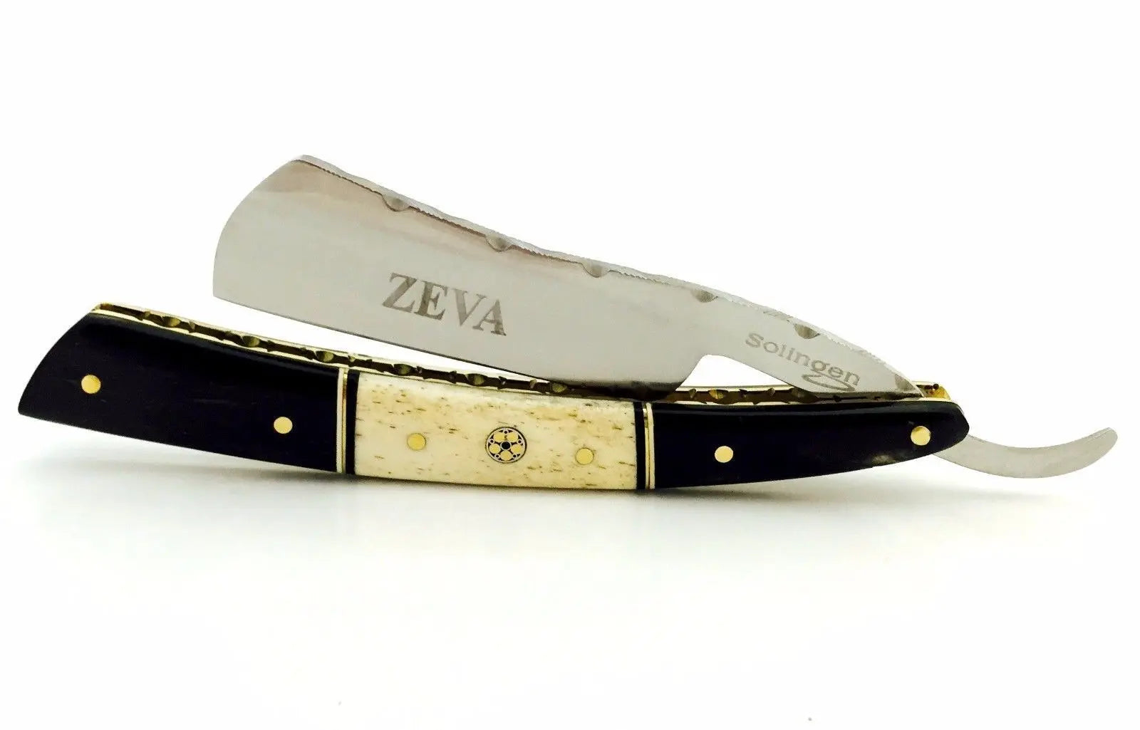 ZEVA SOLINGEN BUFFALO HORN & CAMEL BONE STRAIGHT RAZOR SHAVING SET IN GIFT BOX