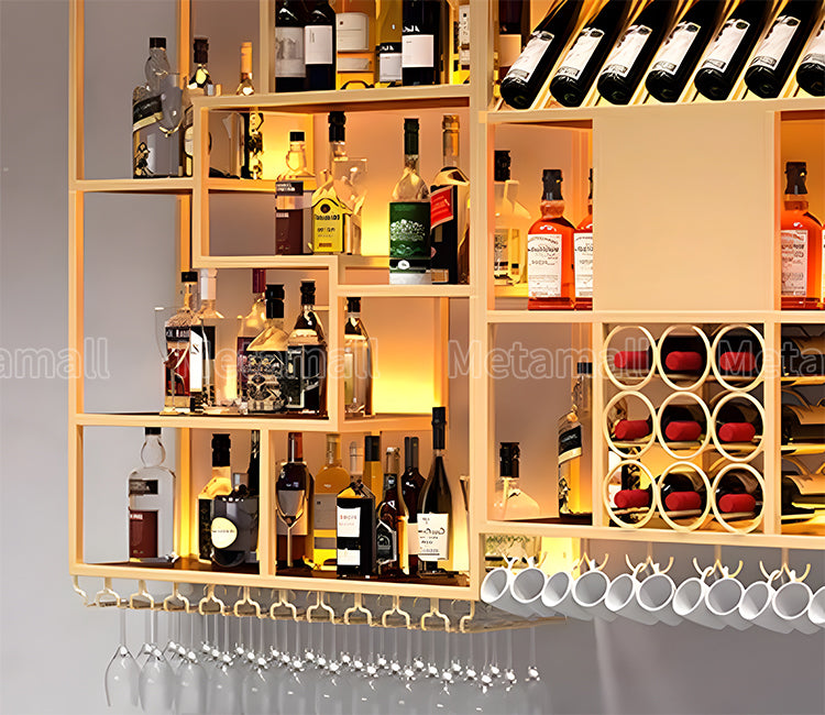 収納ラック お酒収納 酒棚 フック付き ワイングラスハンガー ボード酒棚 バー酒棚 大容量 分類収納 焼付ワニス カスタマイズ可能 JG-M032 metamall
