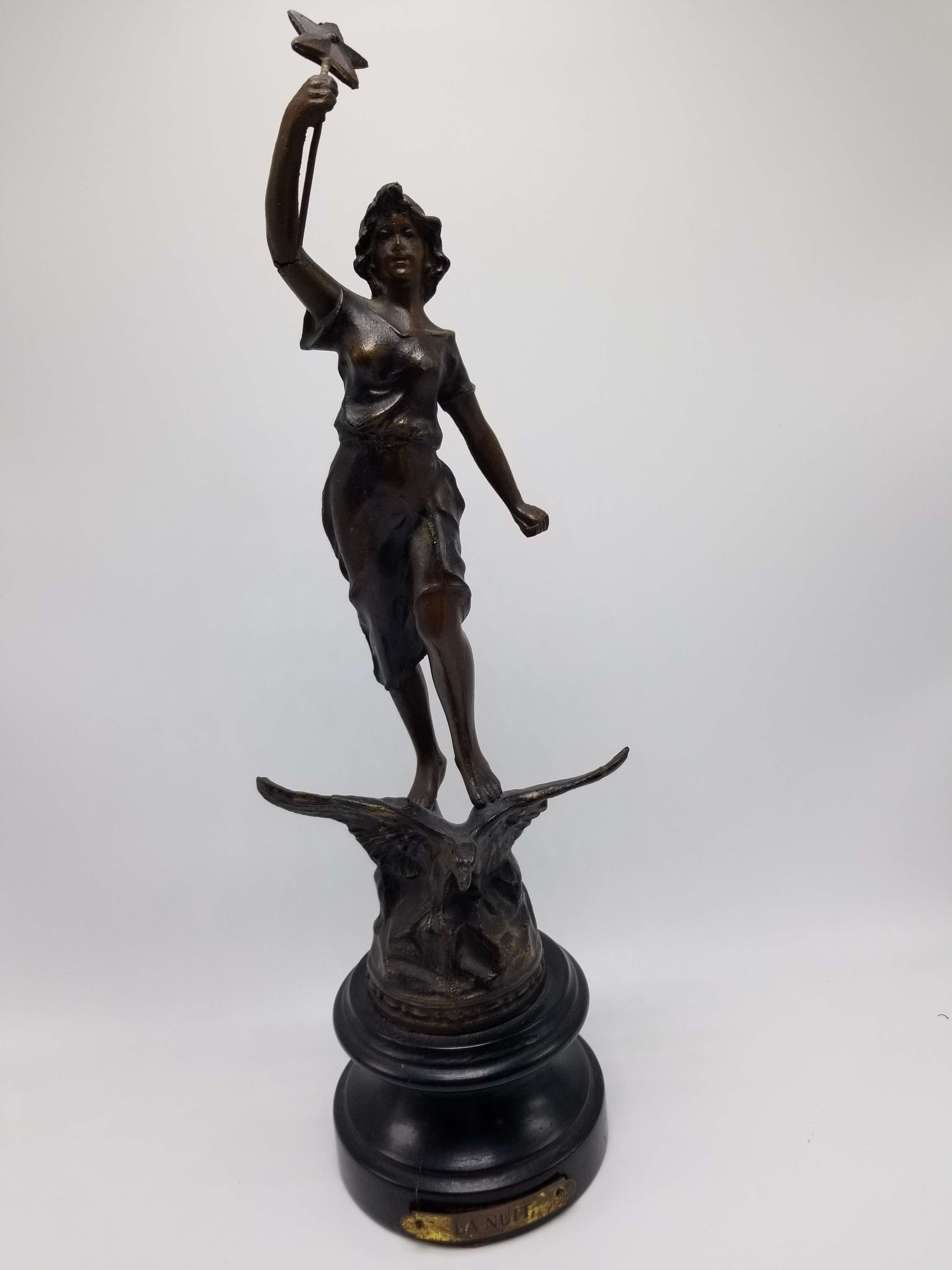 Antique pair of French Spelter art Nouveau figures titled La Nuet and Le Jour