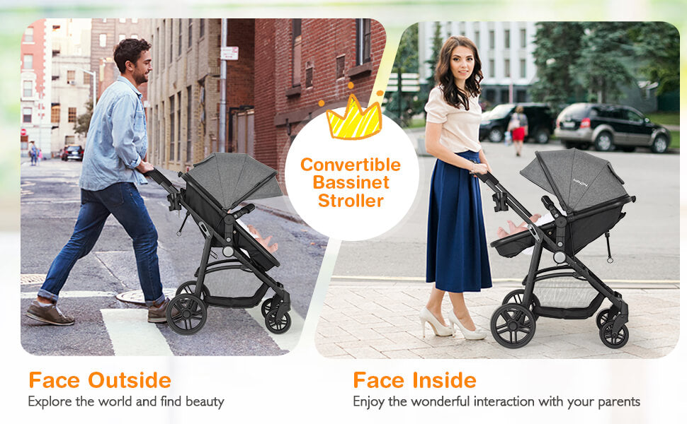 Reversible Seat and One-touch Parking: The bassinet orientation is reversible, allowing babies to face outward to satisfy their curiosity about the world, or face parents for more interaction. Plus, you can quickly stop the stroller with the one-touch foot brake, increasing safety and mobility when out and about with your little one.