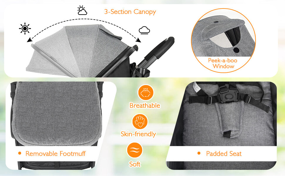 Adjustable Bassinet and Canopy: You can easily adjust the bassinet of this stroller can be easily adjusted to accommodate the different angles you want to suit your baby's needs. For example: lying down, sitting, or sleeping. The 5-point safety harness combined with the sleeping pad provides your baby with a safe and comfortable sleeping environment. The adjustable 3-section sun canopy can well protect your baby from UV radiation and protect your baby's skin.
