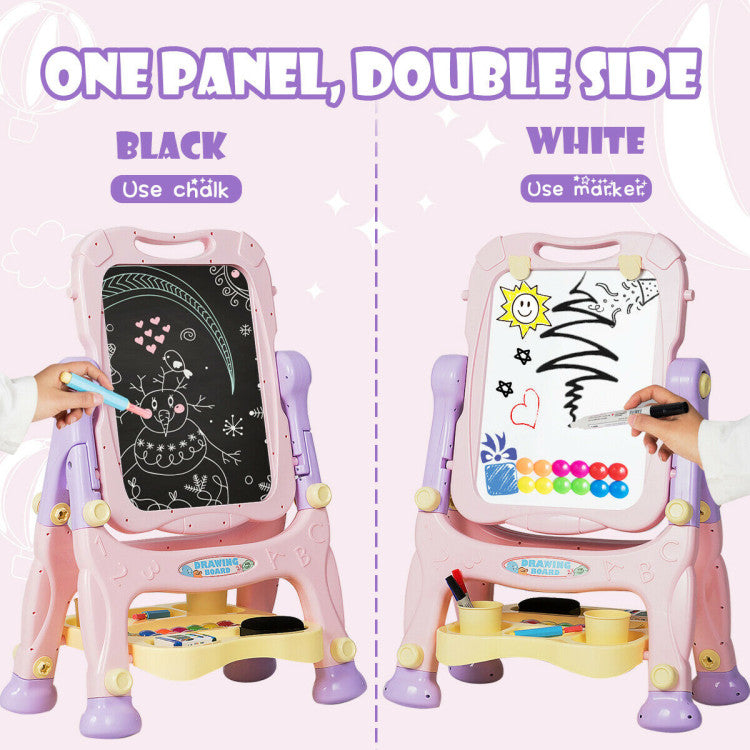 Portable Handle and Large Tray: Enjoy on-the-go creativity with a comfortable handle and detachable design. Use it as a handheld drawing board anywhere. The large tray conveniently holds chalks, markers, cups, erasers, and more, ensuring all art supplies are within reach.