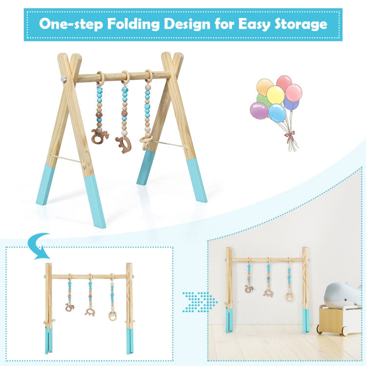 Convenient Folding and Detachable Design: The wooden play gym is designed for easy storage with its foldable feature. It's also effortless to detach, allowing you to customize or add new hanging toys to keep your baby engaged in different activities.